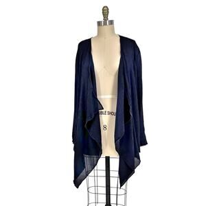 Eileen Fisher Silk Open Waterfall Cardigan size Large Semi-Sheer Ribbed Navy
